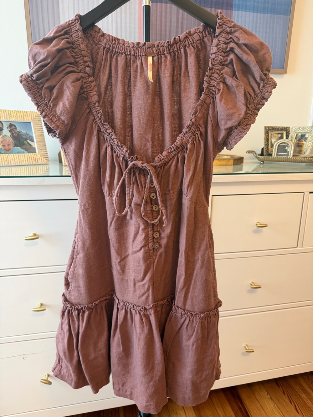 Free People Mauve Puff Sleeve Tiered Mini Dress